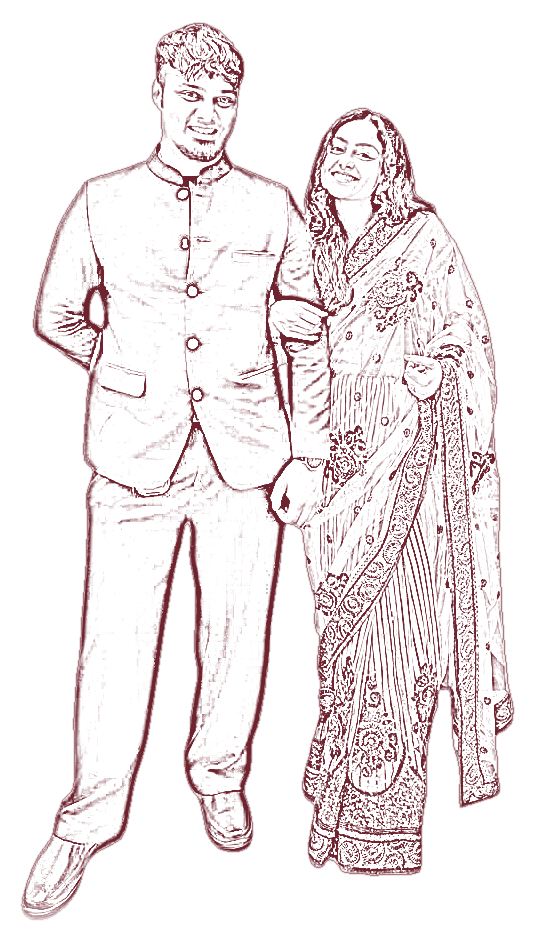 Outline sketch of Daniel and Komal standing arm in arm, smiling